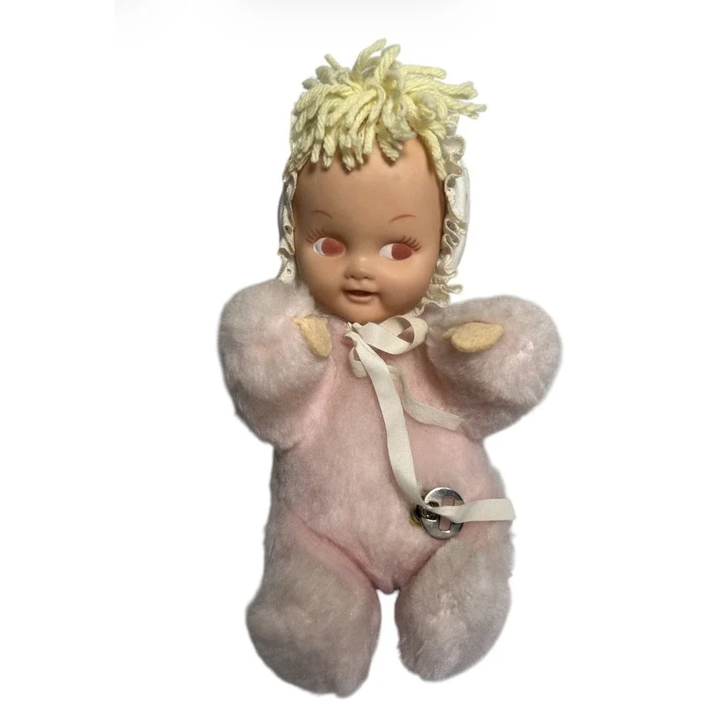 Vintage Eden Baby Doll Rubber Face Wind Up Musical Pink Plush Toy